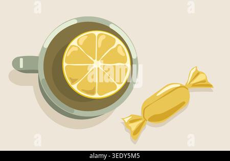 Minimalistisches Keramik Teetasse Vektor Set mit Zitronenscheibe und eingewickeltem goldenem Bonbon für Wellness Branding Entspannung und gemütliche Home Lifestyle Design Assets Stock Vektor