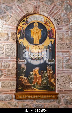 Meteora, Kastraki, Thessalien, Griechenland. 31. Oktober 2023. Wandgemälde im Kloster Varlaam auf den Felsformationen von Meteora. Stockfoto
