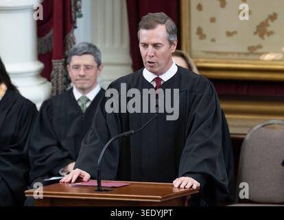 JIMMY BLACKLOCK, Richter des Obersten Gerichtshofs von Texas, spricht bei einer Sondersitzung des Obersten Gerichtshofs von Texas in der Kammer des Repräsentantenhauses während einer Vereidigungszeremonie im Texas Capitol am 7. Mai 2026. Alito wurde von Präsident George W. Bush in den Gerichtshof berufen und ist seit 2006 im Amt. Quelle: Bob Daemmrich/Alamy Live News Stockfoto