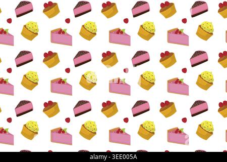 Süße Bäckerei Dessert nahtlos wiederholendes Muster mit Cupcakes, rosa Käsekuchen Scheiben, Schokolade Muffins und frischen Himbeeren auf weißem Hintergrund, su Stockfoto