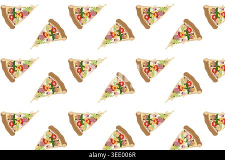 Bunte Pizzascheiben mit Gemüsebelag einschließlich Tomatenpfeffer, Oliven-Salami und Gemüse nahtlos wiederholendes Muster auf weißem Hintergrund, geeignet Stockfoto