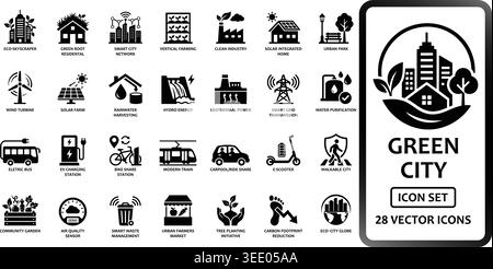 Umfassende Sammlung von 28 flachen Glyphen-Symbolen für ökologische Nachhaltigkeit. Enthält Grafiken für erneuerbare Energien, Clean tran Stock Vektor