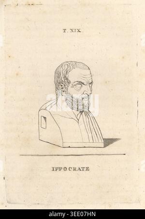 Büste von Hippokrates von Kos (um 460-370 v. Chr.) oder Hippokrates II., griechischer Arzt und Philosoph, der Vater der Medizin genannt wird. Ippocrate. Kupferstich gezeichnet und graviert von Pietro Paulo Monagnani-Mirabili aus seinem eigenen Il Museo Capitolino e li Monumenti Antichi, Busta, das Kapitolinische Museum und seine antiken Denkmäler, Rom, 1820. Stockfoto