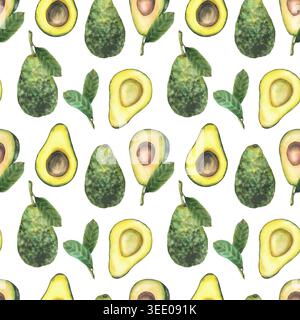 Nahtloses Muster der Avocado-Pflanze. Ganze, halb geschnittene Früchte mit Samen und Stiel, Blätter. Handmalillustration auf isoliertem weißem Hintergrund Stockfoto