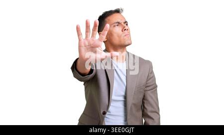 Mann, der mit Stopphand-Geste zurückweist oder leugnet Stockfoto