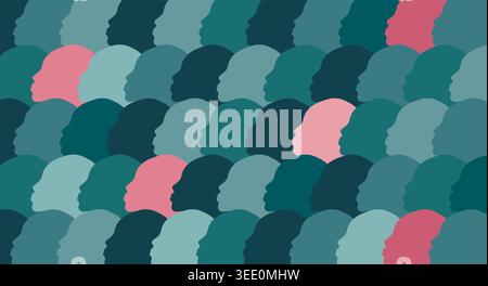 Mehrere Pink Head Silhouetten, die in der Teal Blue-Menge hervorstechen Stock Vektor