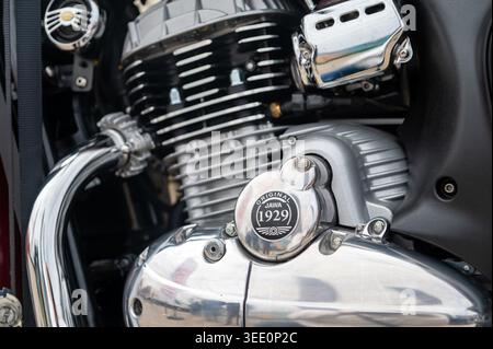 Riga, Lettland - 24. April 2026: Detaillierter Blick auf das Design von jawa-Motorrädern auf der Motorshow Stockfoto