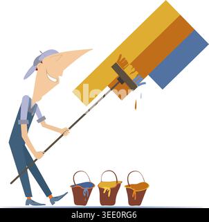 Lustiger Hausmaler, der eine Wand malt. Niedlicher Maler mit Pinsel malt die Wand in drei Farben Stock Vektor