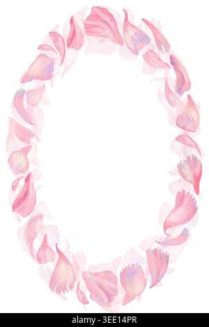 Dünner, ovaler Kranz aus weichen Pfingstrosenblüten in rosa und pastellfarbenen Tönen. Blumenrahmen für Hochzeit, feminines Branding, Grußkarten Stockfoto