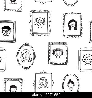 Gerahmte Familienporträts nahtloses Muster, niedliche People Avatare, Hintergrund der Doodle-Galerie. Tapete, Verpackung, Scrapbook, Textil, Einrichtung im Kinderzimmer Stock Vektor