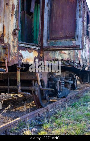 Ein alter, rostiger Eisenbahnwagen, der auf Gleisen in Ödland steht Stockfoto