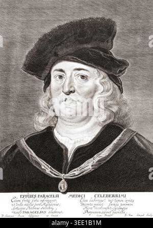Paracelsus, geboren Phillippus Aureolus Theophrastus Bombastus von Hohenheim, 1493–1541. Schweizer Renaissancearzt. Nach dem Stich von Pieter van Sompel. Stockfoto