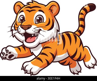 Niedliche Tigerfigur, die mit einem fröhlichen Lächeln und großen glänzenden Augen springt Stock Vektor