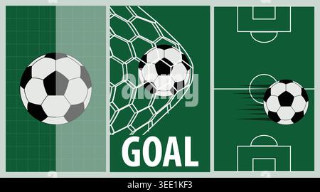 Fußballtor mit Ball im Netz und Scoreboard mit Mannschaftswerten. Stock Vektor