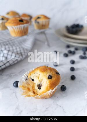 Vorderansicht des Heidelbeermuffins mit frischen Heidelbeeren in sanfter rustikaler Küche Stockfoto