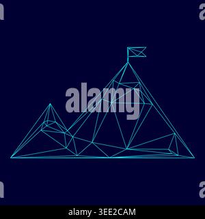 Berge mit einer Flagge auf der Oberseite niedrige Poly Triangulation trianguliert polygonale elektrische Cyan Blau lebendiges Aqua Neon Farbe Vektor Illustration Bild Stock Vektor