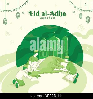 EID al Adha Grußkarte. Muslimische Menschen schlachten eine Kuh während Eid al-Adha mubarak, dem Opferfest Stock Vektor