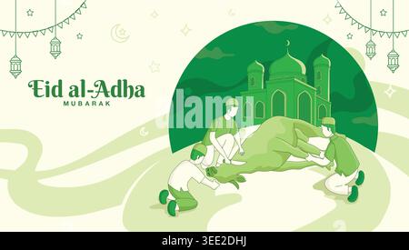 EID al Adha Grußkarte. Muslimische Menschen schlachten eine Kuh während Eid al-Adha mubarak, dem Opferfest Stock Vektor
