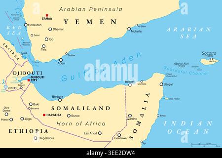 Golf von Aden, politische Karte. Der Tiefwassergolf des Indischen Ozeans zwischen Jemen, dem Arabischen Meer, Dschibuti, dem Sokotra-Archipel und Somalia. Stockfoto