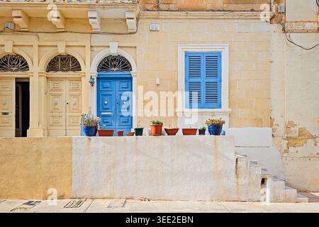 Sonnige Fassade des historischen Malta Kalksteingebäudes mit hellblauer Holztür, passenden Fensterläden, kunstvoll verziertem Eisengewölbe, Terrakotta und blauer Blume po Stockfoto