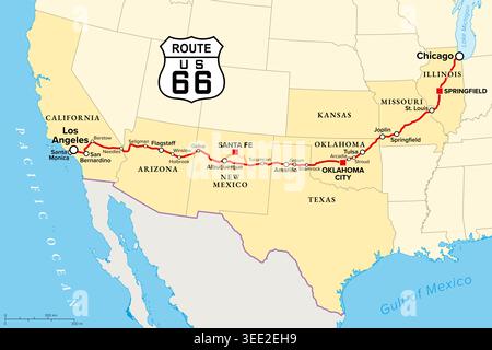 U.S. Route 66 oder U.S. Highway 66, Mother Road, politische Karte mit Schild. Main Street of America, eine historische Route von Chicago nach Santa Monica. Stockfoto