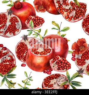 Aquarell nahtloses Muster ganze Granatäpfel öffnen Fruchtsamen Blüten Knospen und Blätter auf einem weißen Hintergrund. Abbildung für Verpackung Küchendekoration Stockfoto