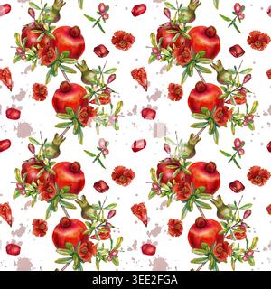 Aquarell nahtloses Muster ganze Granatäpfel öffnen Fruchtsamen Blüten Knospen und Blätter auf einem weißen Hintergrund. Abbildung für Verpackung Küchendekoration Stockfoto