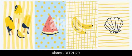 Niedliche Poster-Kollektion mit Sommerfrüchten und Strand mit Bananen-Wassermelonen-Muscheln und verspielten Pastellmustern Stock Vektor