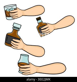 Satz von Vektorillustrationen von Händen, die Whiskey-Gläser und -Flaschen halten Stock Vektor