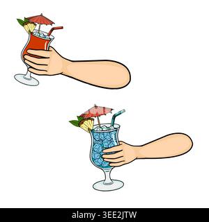 Zwei Hände halten erfrischende tropische Cocktails mit Ananas-, Minze- und Regenschirmvektor-Illustrationen Stock Vektor