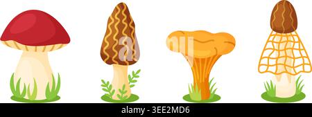 Set mit vier stilisierten Pilzen. boletus, Morchel, Pfifferling, verhüllte Dame, in niedlichem Comic Flat Style. Essbare und wilde Waldpilze. Perfekt für Schulungskits, Aufkleber, Menüs und Naturdesigns. Stock Vektor