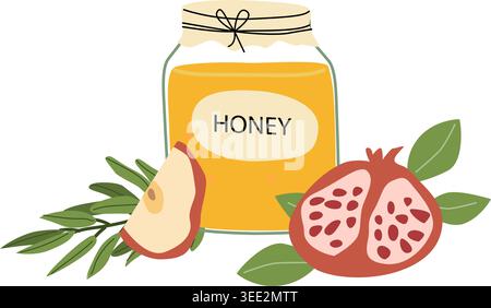 Honigglas mit frischer Apfelscheibe und einer Hälfte Granatapfel. Einfache Rosch-Hashanah-Komposition, die Süße und Wohlstand symbolisiert. Stock Vektor