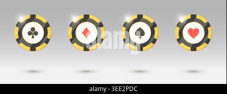 VIP Gold Poker Chip Set. Schwarze goldene 3D-Casino-Münzen. Spielsymbole mit Spade Heart Diamonds Club. Fallende Luxusmarken isolierter weißer Hintergrund. Online-Blackjack-Spiel UI Design Gewinner Cash Elements Stock Vektor