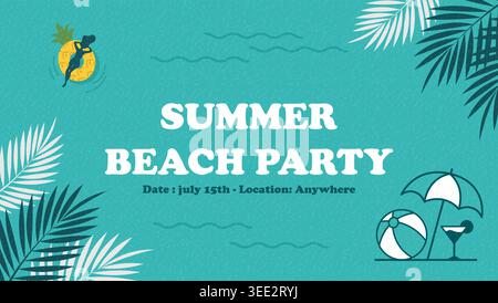 Poster für Sommerpartys mit tropischen Palmenblättern, Cocktailschirm und Hintergrunddesign für Veranstaltungen am Meer Stock Vektor