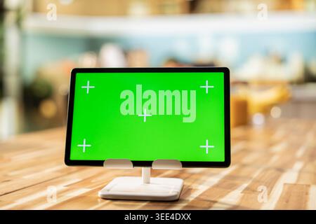 Chroma Key Display auf Tablet auf Esstisch in rustikaler, leerer Küche, Platz voller Utensilien, Kochutensilien, Küchenutensilien und stilvollen Luxusgeräten. Stockfoto