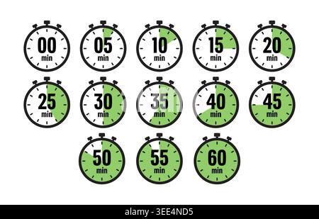 Satz grüner Stoppuhr-Timer-Symbole in Minutenvektor Stock Vektor