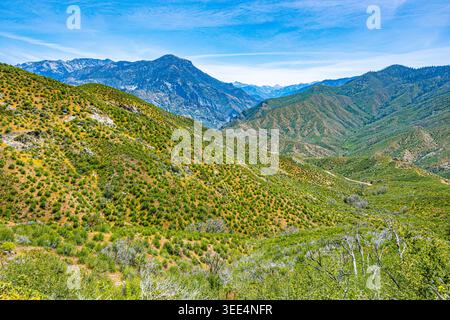 panoramaaussicht von Junction View mit Blick auf die tiefen Schluchtentäler und die geschichteten Bergrücken der Sierra Nevada in Kalifornien. Stockfoto