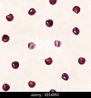 Reife Kirschbeeren auf hellbeigem Hintergrund. Handgemaltes nahtloses Aquarellmuster. Entwickelt für Lebensmittelverpackungen, Textildrucke und Geschenkpapier Stockfoto
