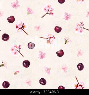 Nahtloses Muster mit kleinen Kirschzweigen, Blütenblüten, einzelnen Blütenblättern und Reifen Kirschen, handgemalte Aquarellillustration auf Beige Stockfoto