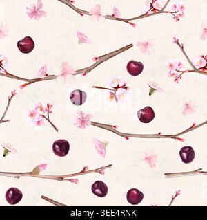 Nahtloses Muster mit kleinen Kirschzweigen, Blütenblüten, einzelnen Blütenblättern und Reifen Kirschen, handgemalte Aquarellillustration auf Beige Stockfoto