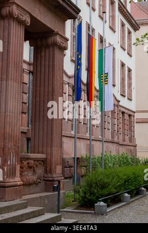 Drei Fahnen, darunter die Europäische Union, Deutschland und Sachsen, fliegen auf silbernen Pfählen neben roten Sandsteinsäulen eines historischen Verwaltungsgebäudes wi Stockfoto