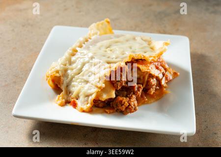Blick auf ein Stück glutenfreier, milchfreier Lasagne. Stockfoto