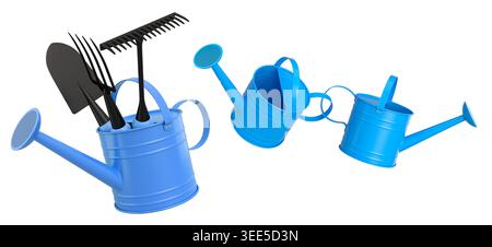 Gartenwerkzeuge wie Schaufel, Gabel und Rechen in Gießkannen, isoliert auf weißem Gartenkonzept. Stockfoto
