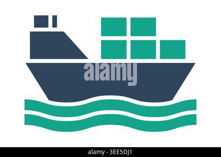 Symbol für Frachtschiff. Symbol für große Containerschiffe auf Meereswellen, die den Seeverkehr, den Welthandel, den Seefracht und den internationalen Schiffsverkehr repräsentieren Stock Vektor