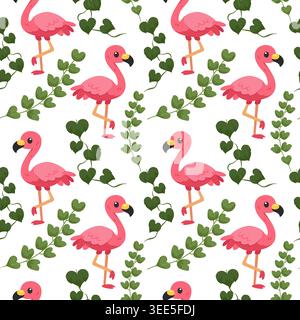 Niedlicher Karikatur rosa Flamingo und tropische Pflanzen nahtlose Muster Vektor Stock Vektor