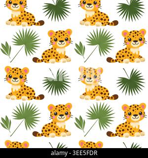 Niedlicher Cartoon Leopard und tropische Palme Blätter nahtlose Muster Vektor Stock Vektor