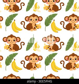 Netter Cartoon Affe mit Banane und tropischen Blättern nahtlose Muster Vektor Stock Vektor