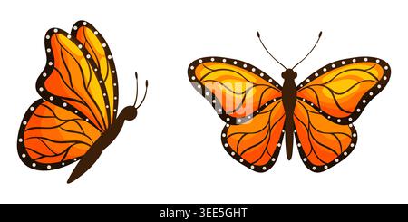 Farbenfrohe Illustration von zwei orangefarbenen Monarchschmetterlingen in Seiten- und Vorderansicht mit dunkelbraunen umrandeten Flügeln, weißen Punkten und detaillierten Adern, i Stock Vektor