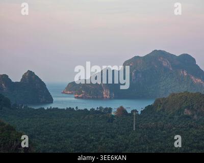 Ruhige, friedliche tropische Landschaft mit majestätischer grüner Berginsel, die sich aus ruhigem blauem Meereswasser hinter dichten, üppigen Walddächern unter so erhebt Stockfoto