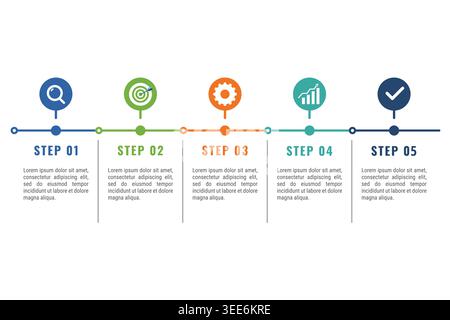 Horizontale Fünf-Stufen-Zeitachse Infografikvorlage, Business Process Roadmap Vektor-Layout Stock Vektor